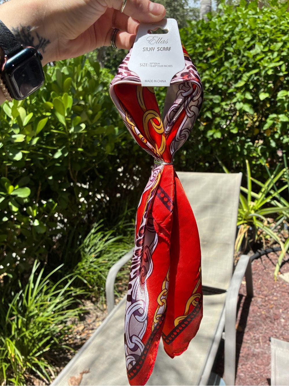 Ella’s Silky Scarf Red Chain & Animal Print Square Neck Scarf NWT - Picture 3 of 4